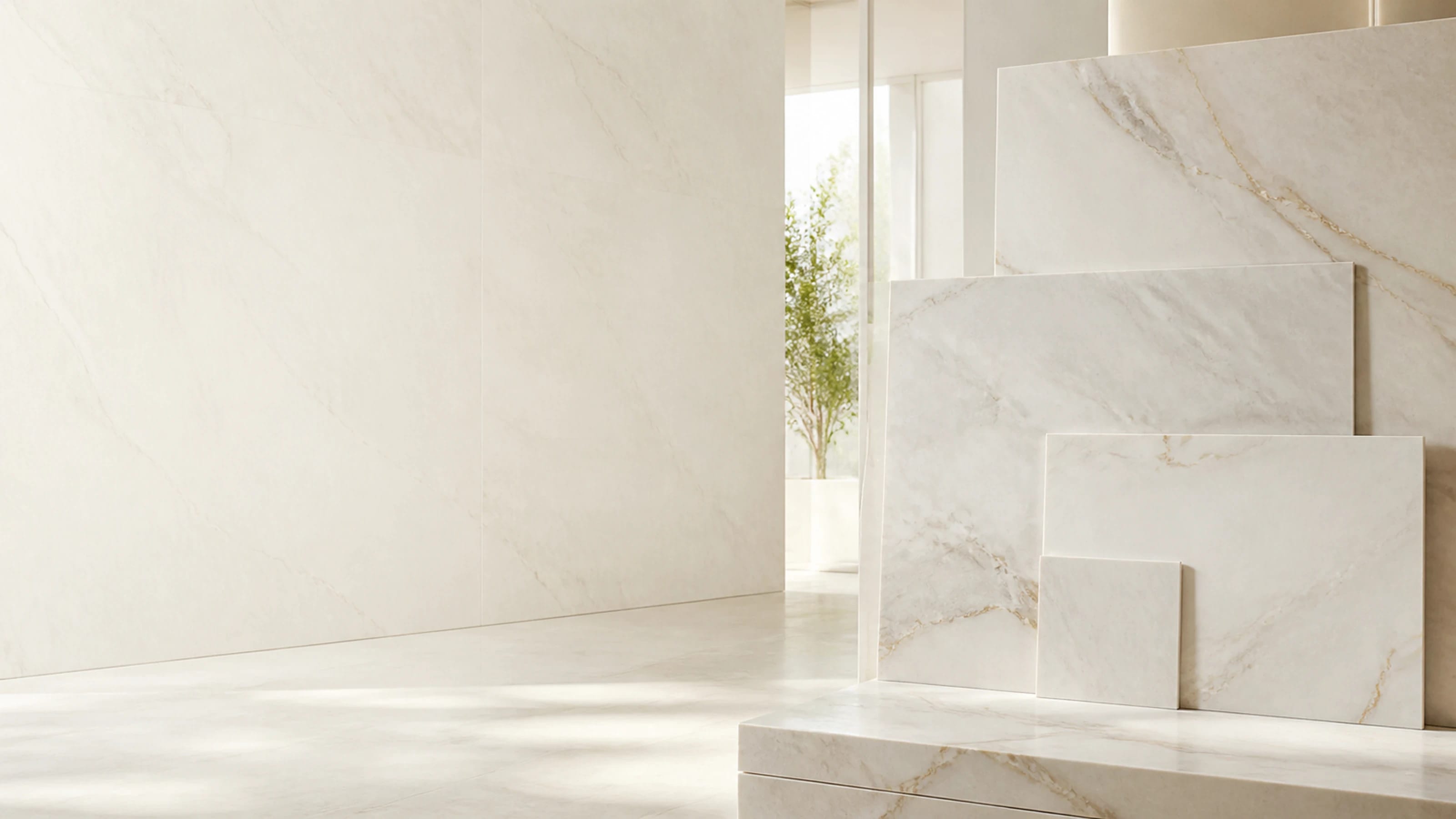 Sunlit ivory marble slabs displayed in a bright architectural showroom